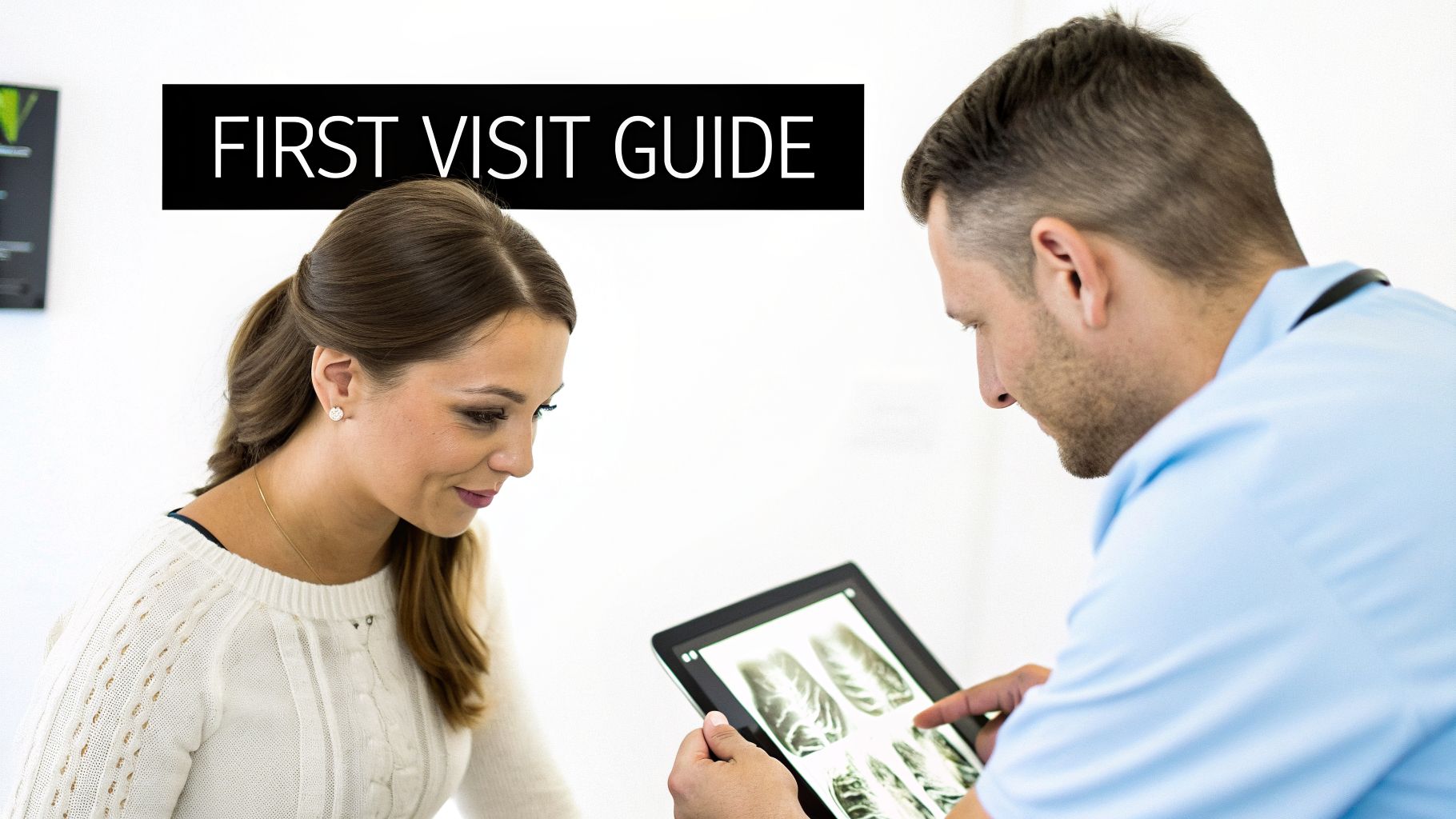 A doctor shows X-rays on a tablet to a female patient, with 'FIRST VISIT GUIDE' text overlay.
