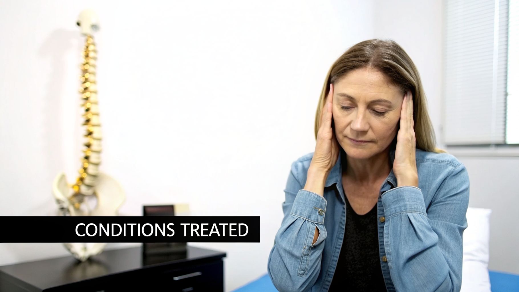 A woman experiencing a headache holds her temples, sitting in a clinic next to a spinal model.