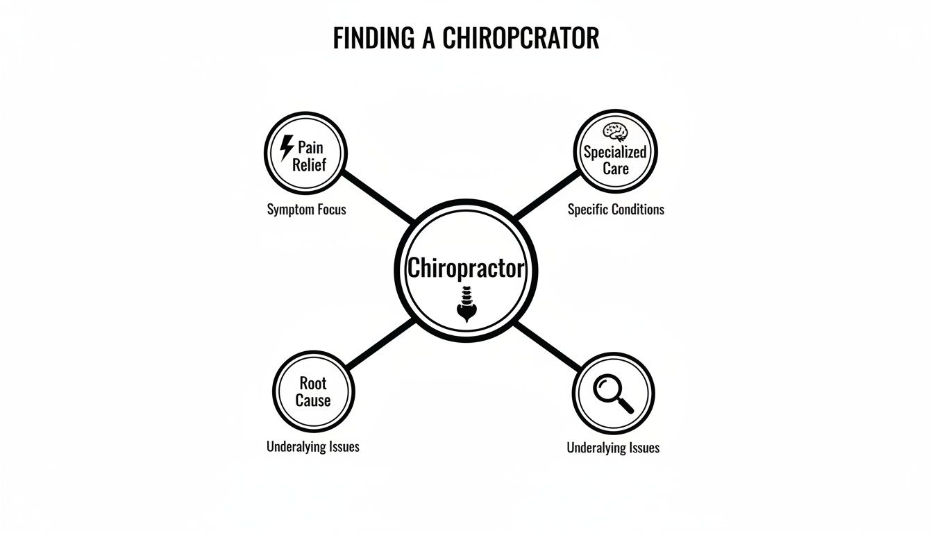 Diagram illustrating how to find a chiropractor, focusing on pain relief, specialized care, and underlying issues.