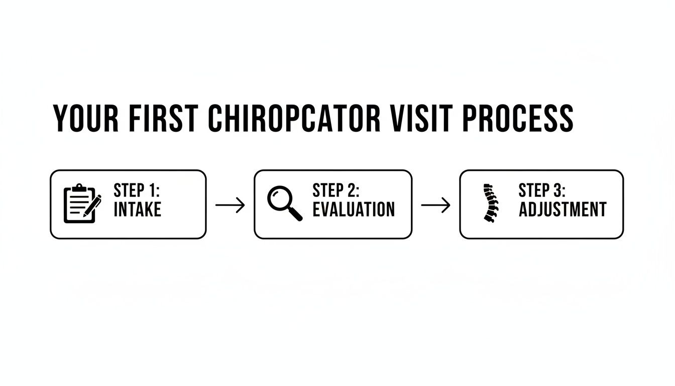 Diagram illustrating the three steps of a first chiropractor visit: Intake, Evaluation, and Adjustment.