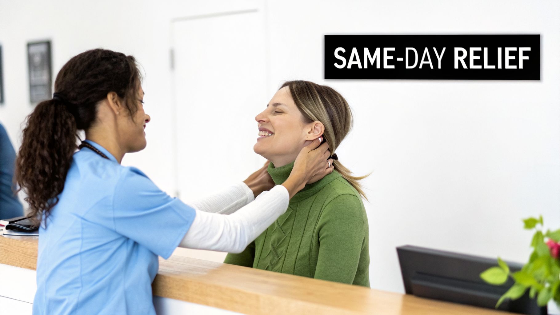 A chiropractor in blue scrubs adjusts a smiling woman's neck, offering same-day relief.