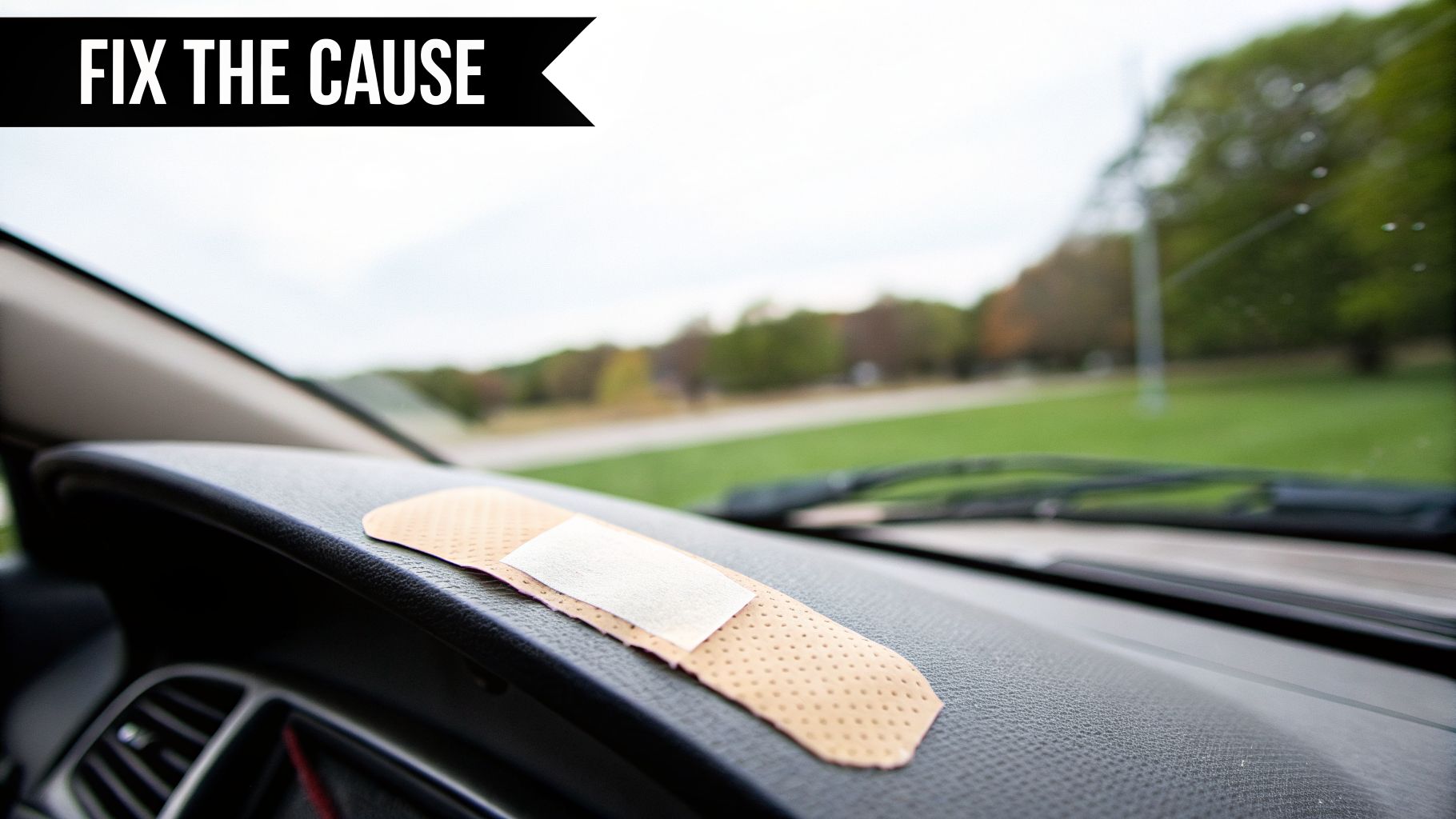 A band-aid on a car dashboard, with a banner reading 'FIX THE CAUSE', suggesting addressing root problems.