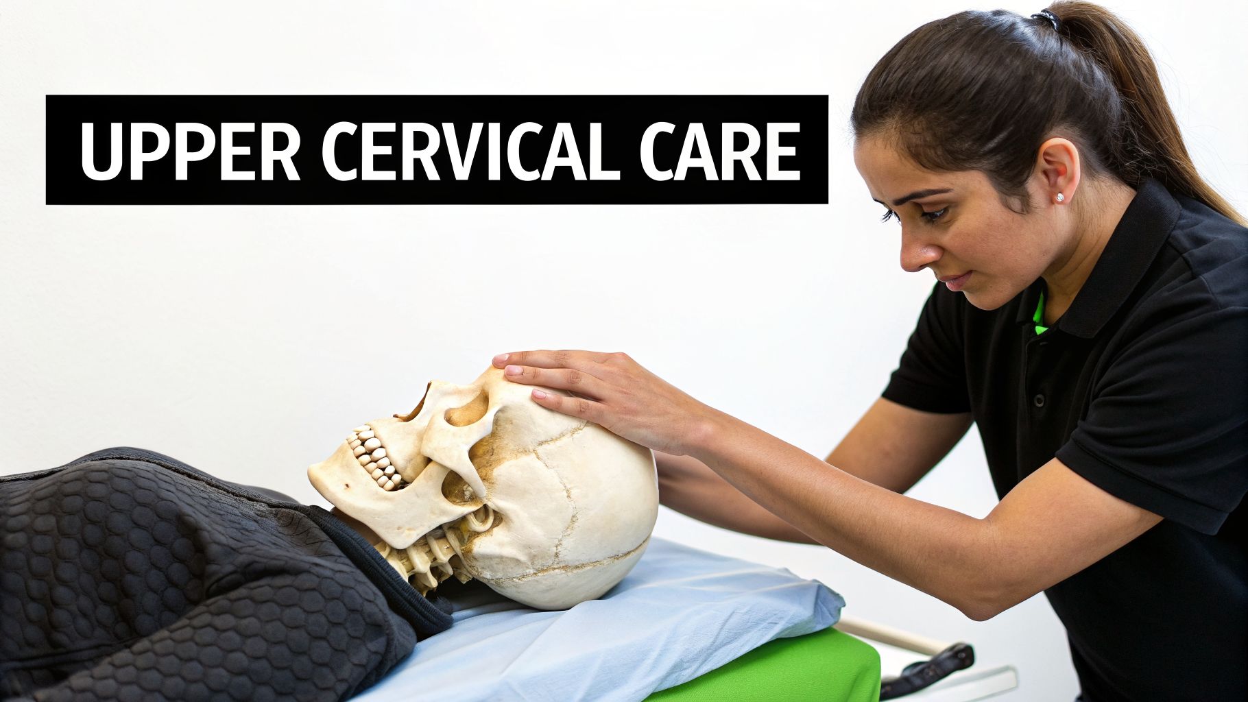 A healthcare professional demonstrates upper cervical spine care on a human skull model.