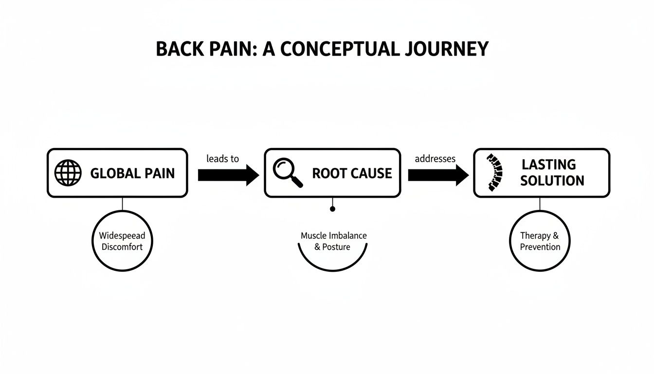 Diagram illustrating the conceptual journey of back pain, from global pain to root cause and lasting solution.