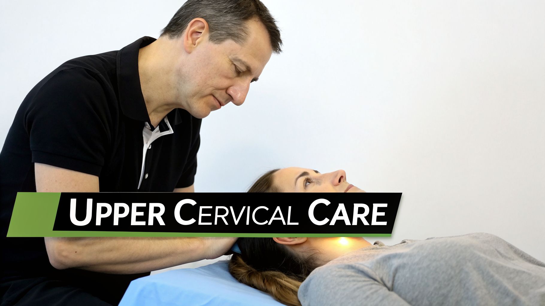 A male therapist performs an upper cervical adjustment on a female patient lying on a treatment table.
