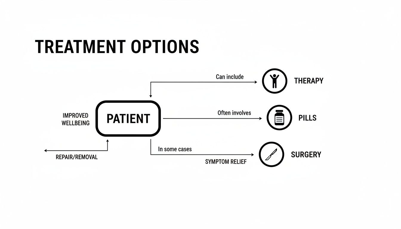 Flowchart illustrating patient treatment options including therapy, pills, and surgery for improved wellbeing.