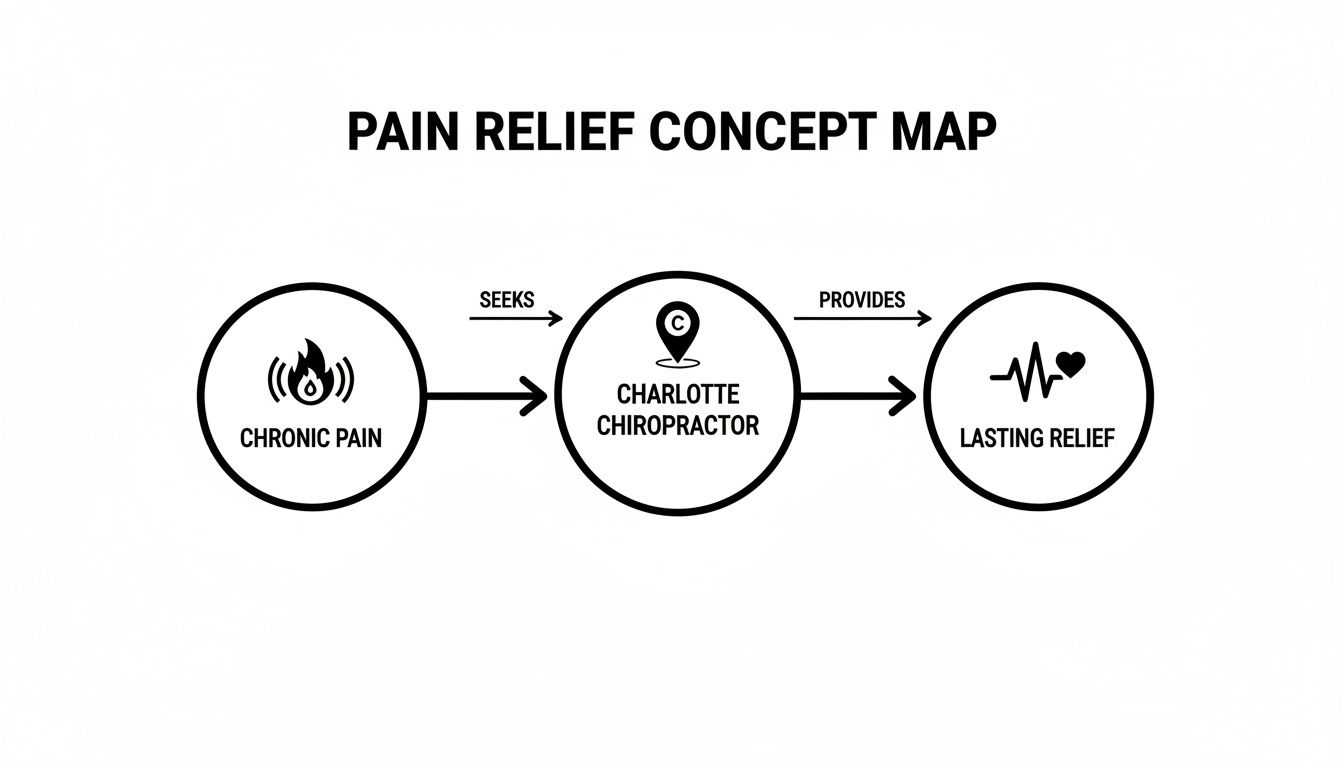 A concept map showing chronic pain seeks a Charlotte chiropractor who provides lasting relief.