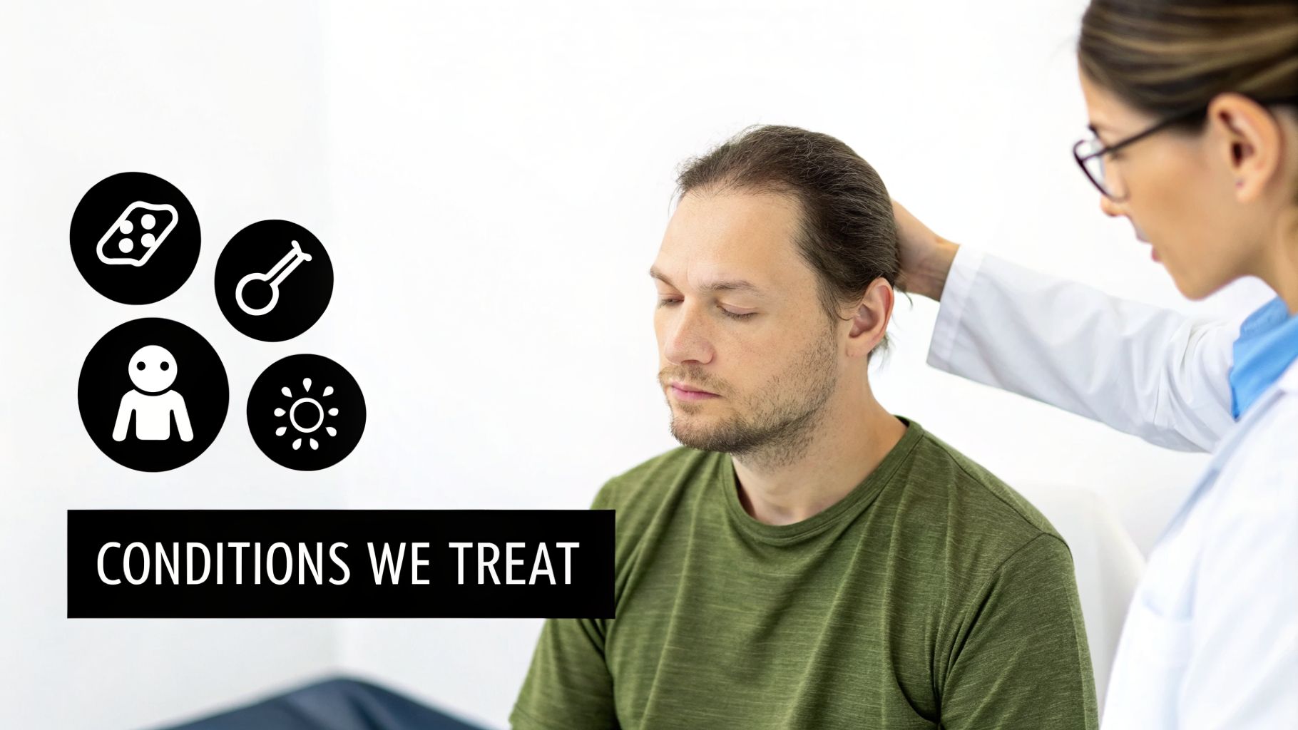 A female doctor examines a male patient's scalp, with icons illustrating various skin and hair conditions.