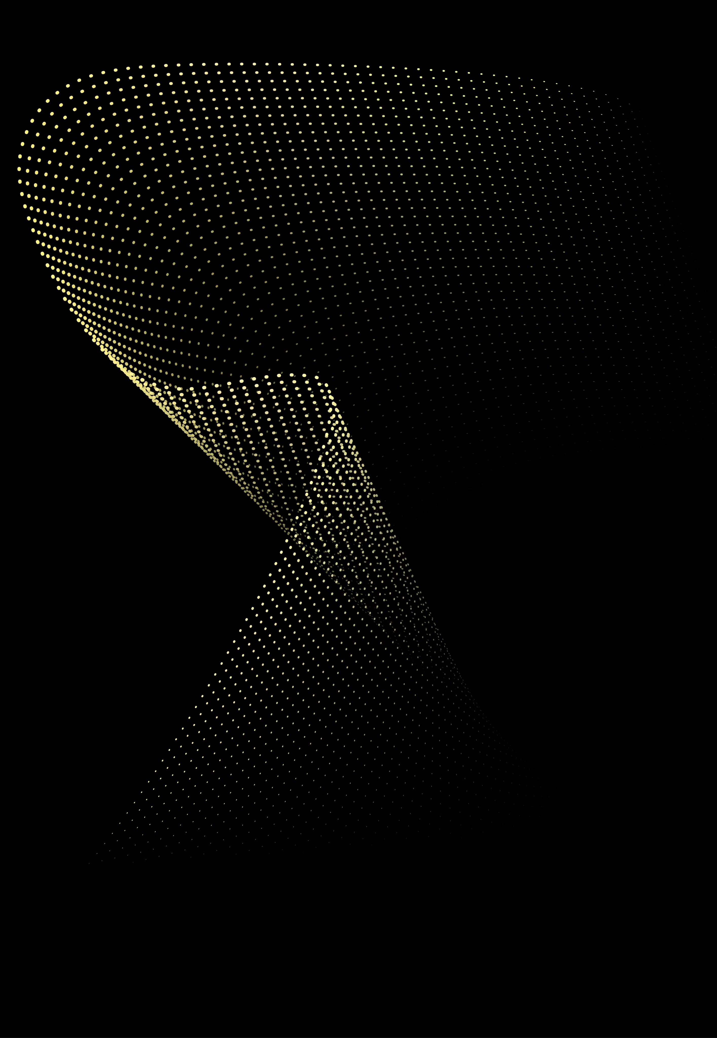 Curved wave of yellow dots on a black background forming an abstract 3D pattern.