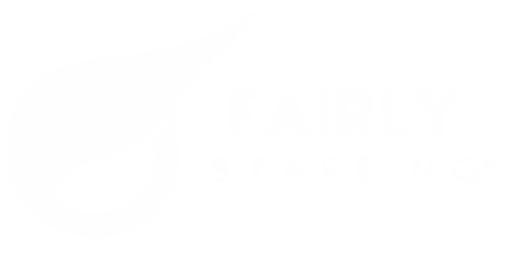 Fairly Staffing company logo with stylized wing and circular design.
