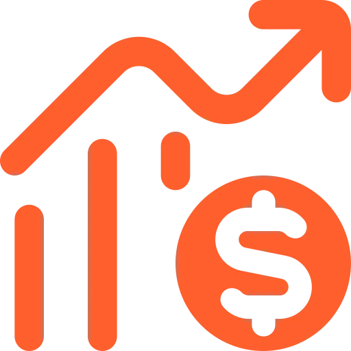 Orange icon of a rising line chart next to a dollar sign inside a circle.