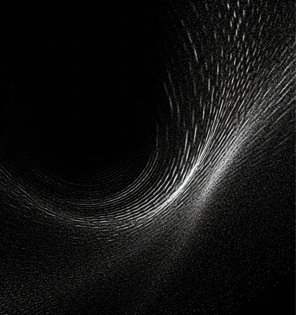 Abstract black background with white swirling particle lines forming a curved wave pattern.
