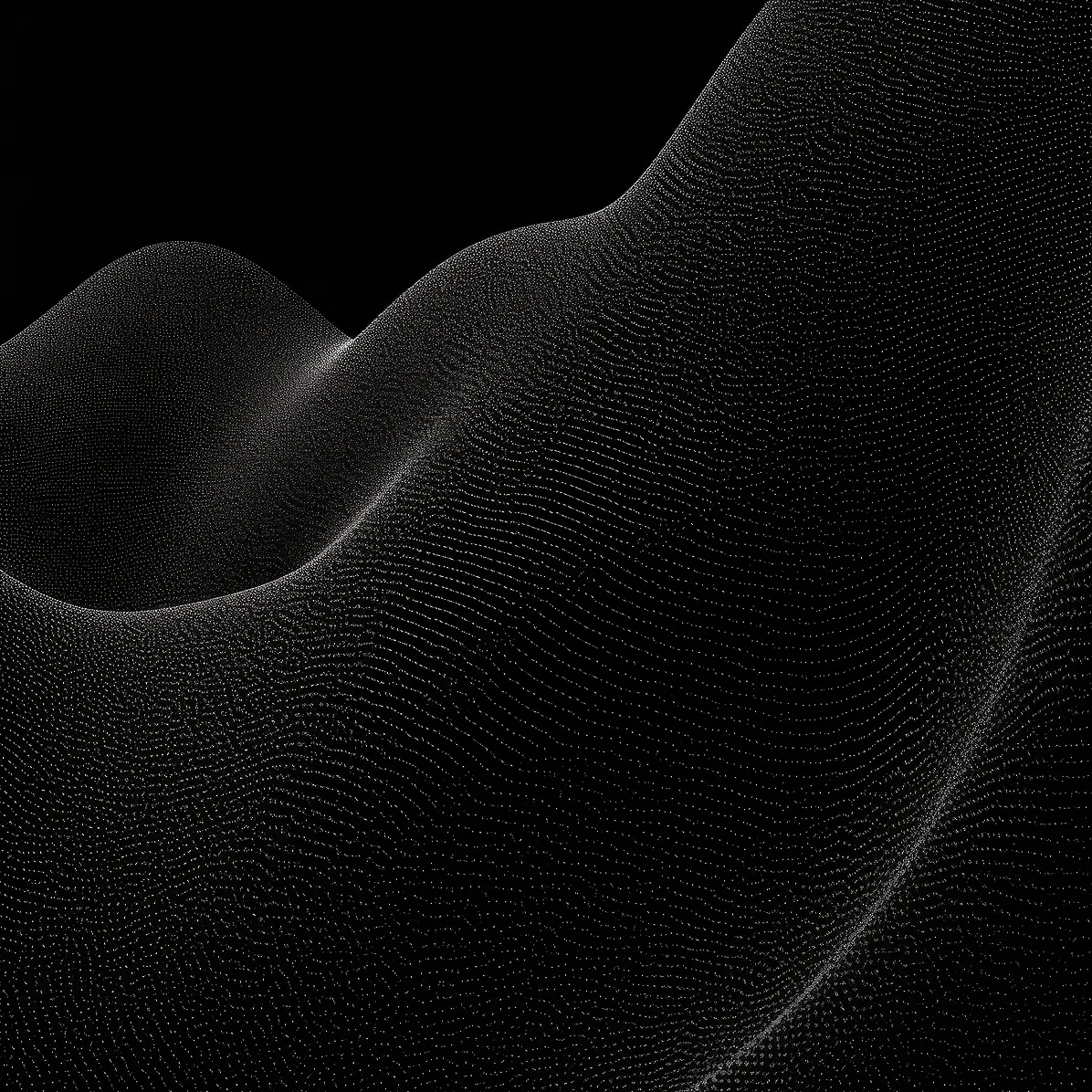 Black background with flowing wave of white dots forming a smooth mesh pattern.