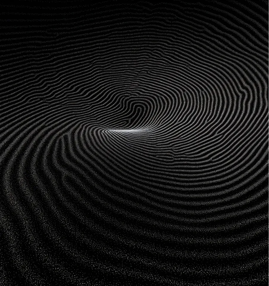 Abstract black background with white dotted swirling lines forming concentric circular patterns.
