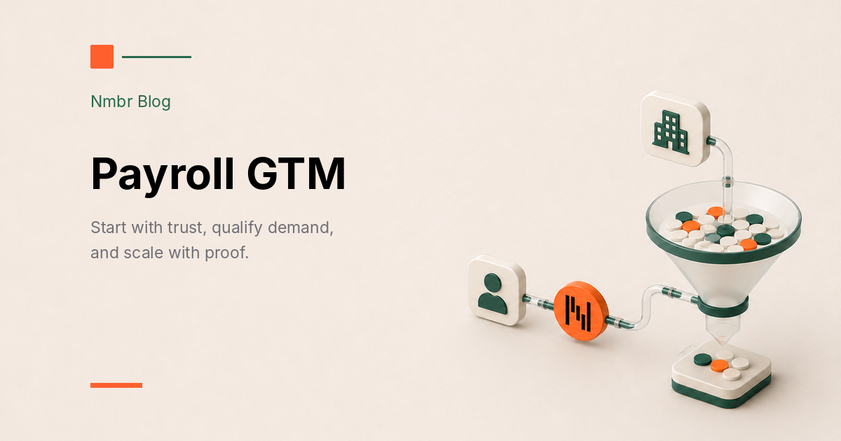 Illustrated payroll GTM funnel connecting a vertical SaaS platform, Nmbr, and customers.