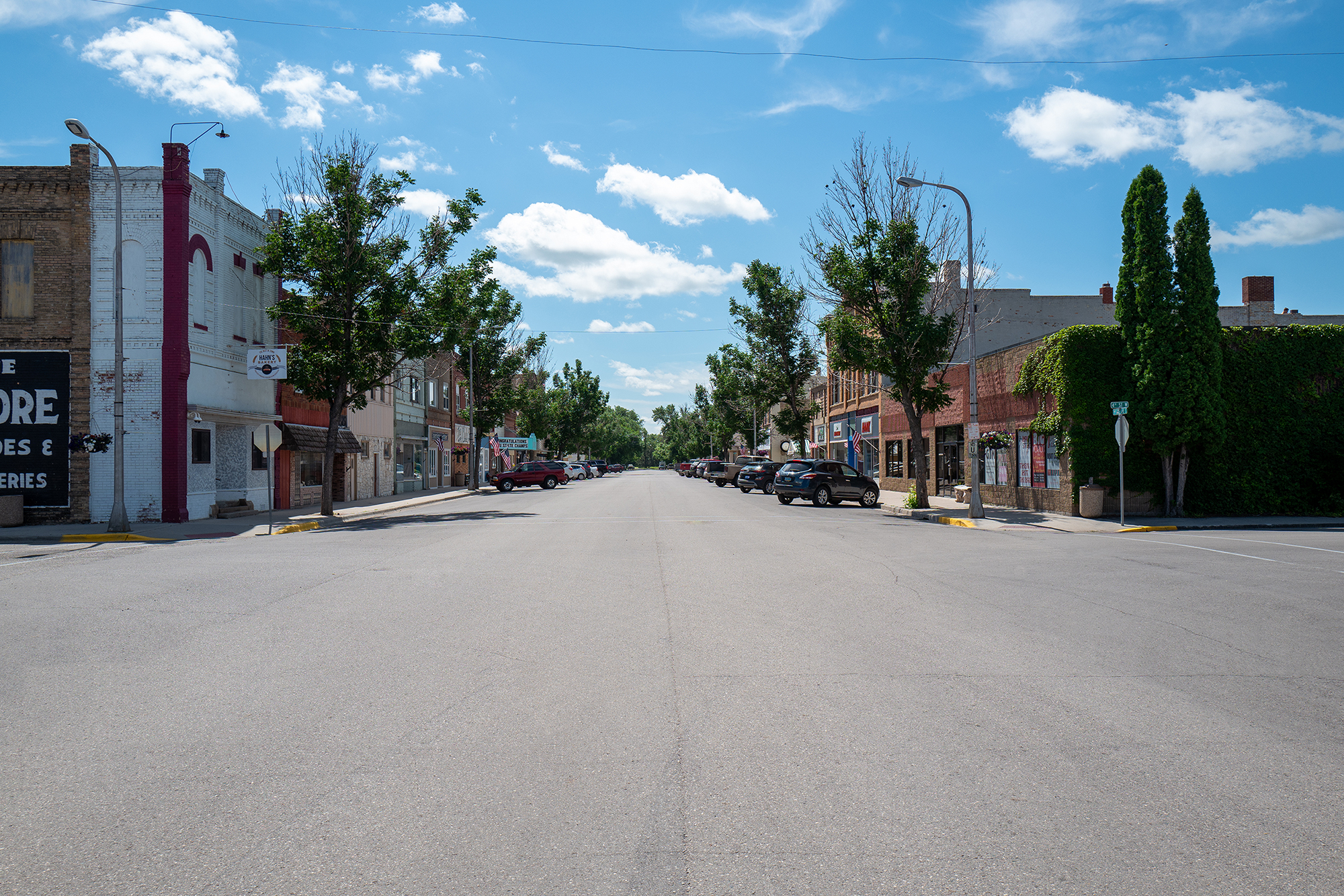 Downtown street view of a small town on a sunny day.