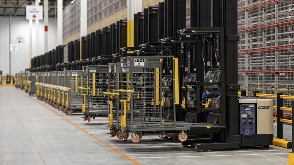 Inside view of a large warehouse.