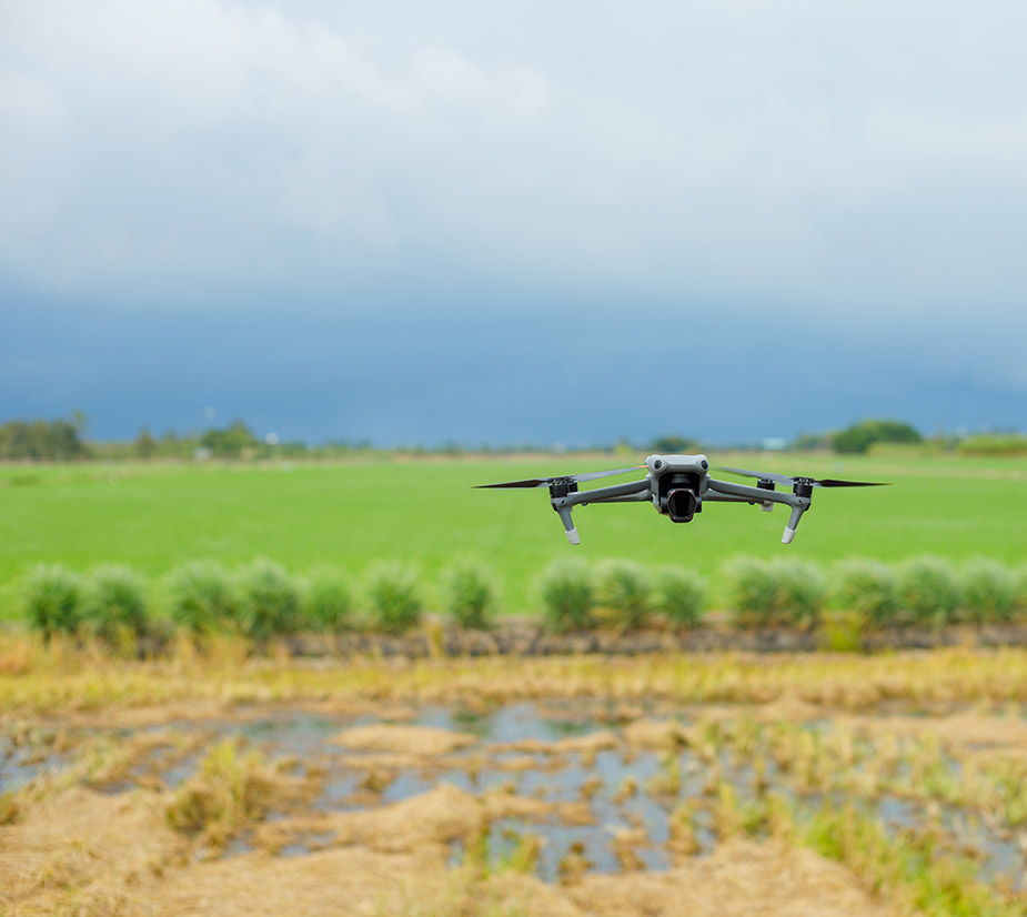 Unmanned aerial system drone in a field with green grass.