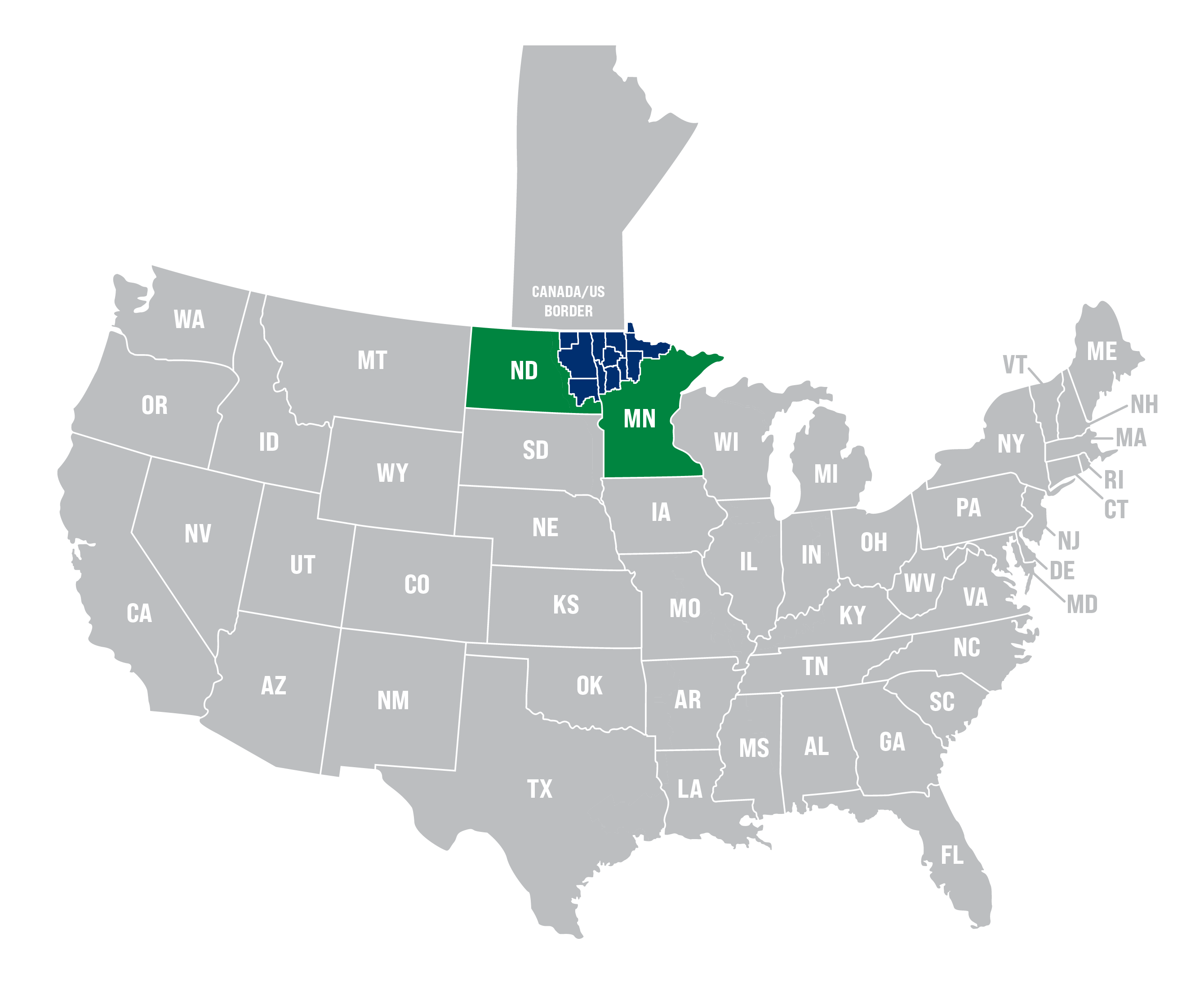 Minnkota Power Cooperative map in relation to the United States and Canada.