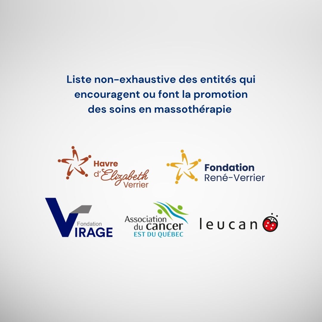 Liste des entités qui font la promotion des soins en massothérapie ( Leucan, Association du cancer Est du Québec et Fondation Virage pour le soutien au cancer )