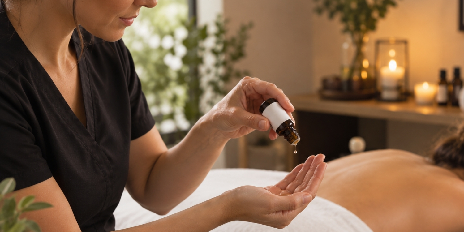 Massothérapeute appliquant de l'huile essentielle dans sa main avant un massage