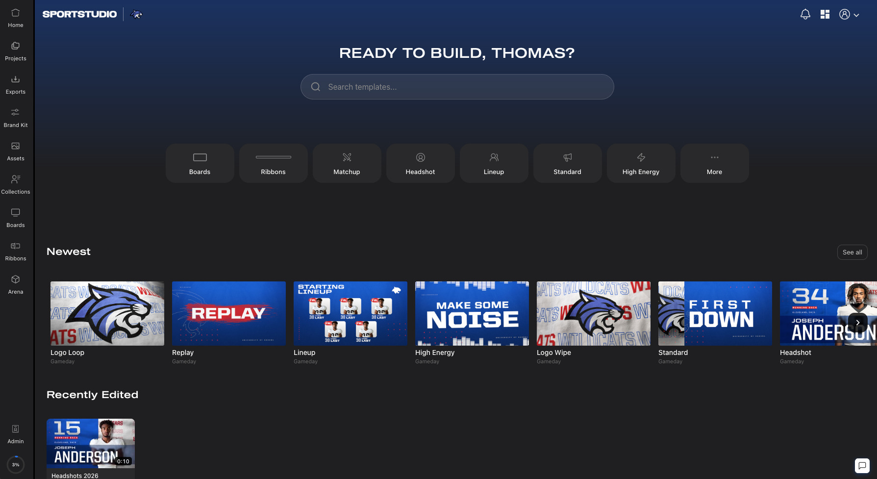 The SportStudio dashboard and template library