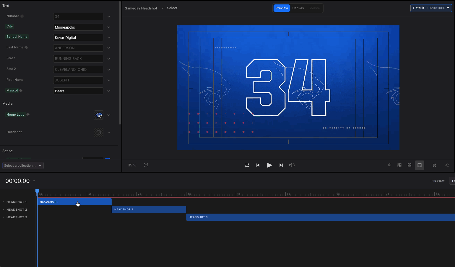 The canvas editor with layers and the Source, Canvas, and Preview tabs