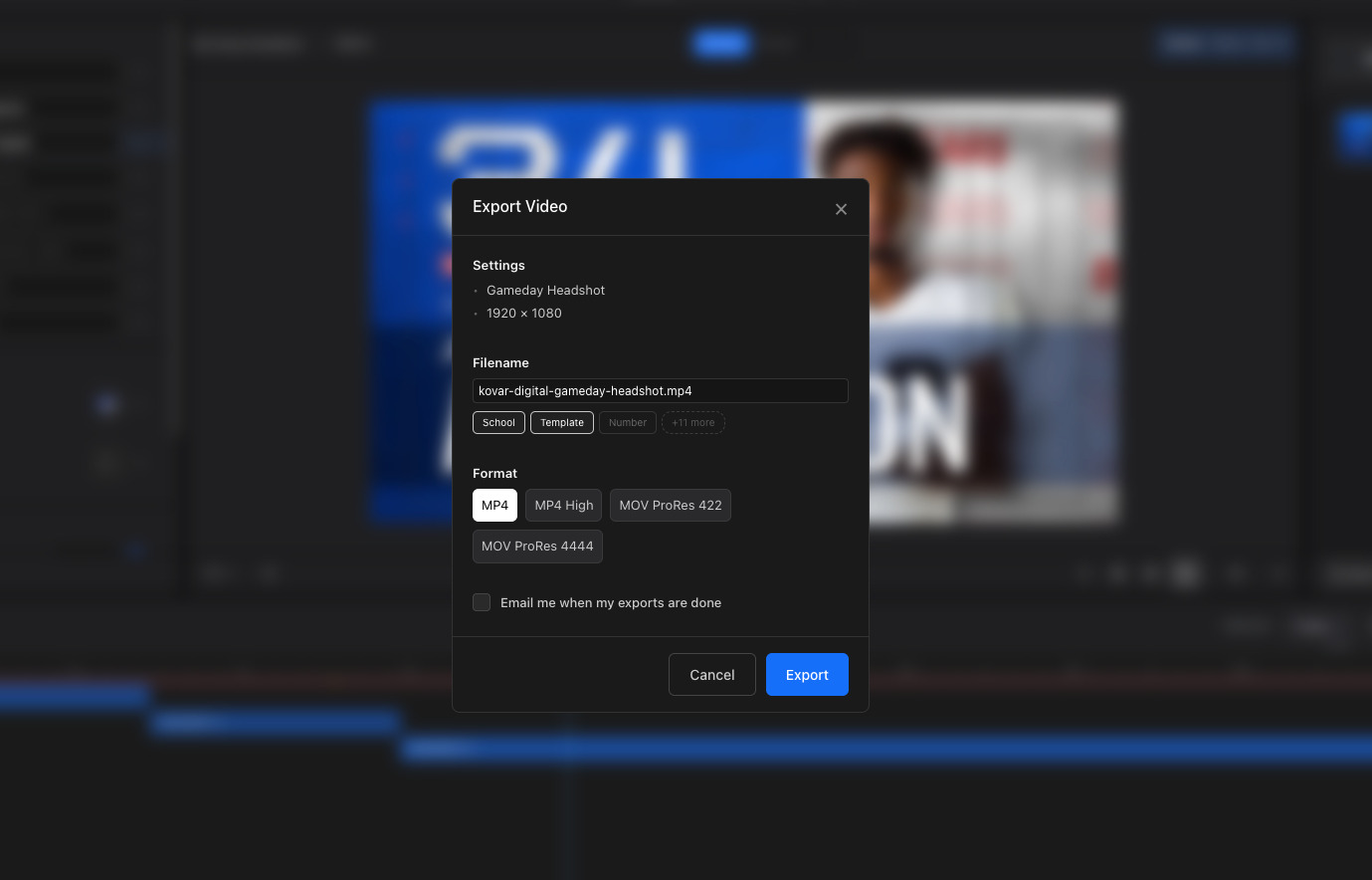 The Export Video dialog with filename, format, and email options