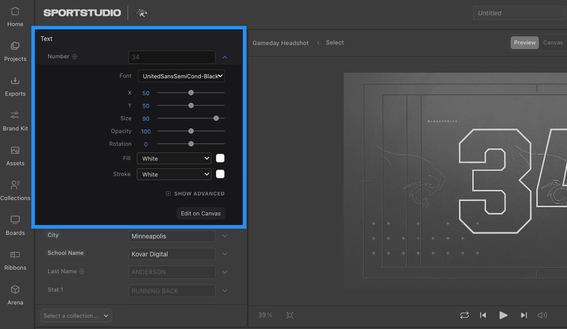 An expanded field showing its font, position, size, opacity, and color options
