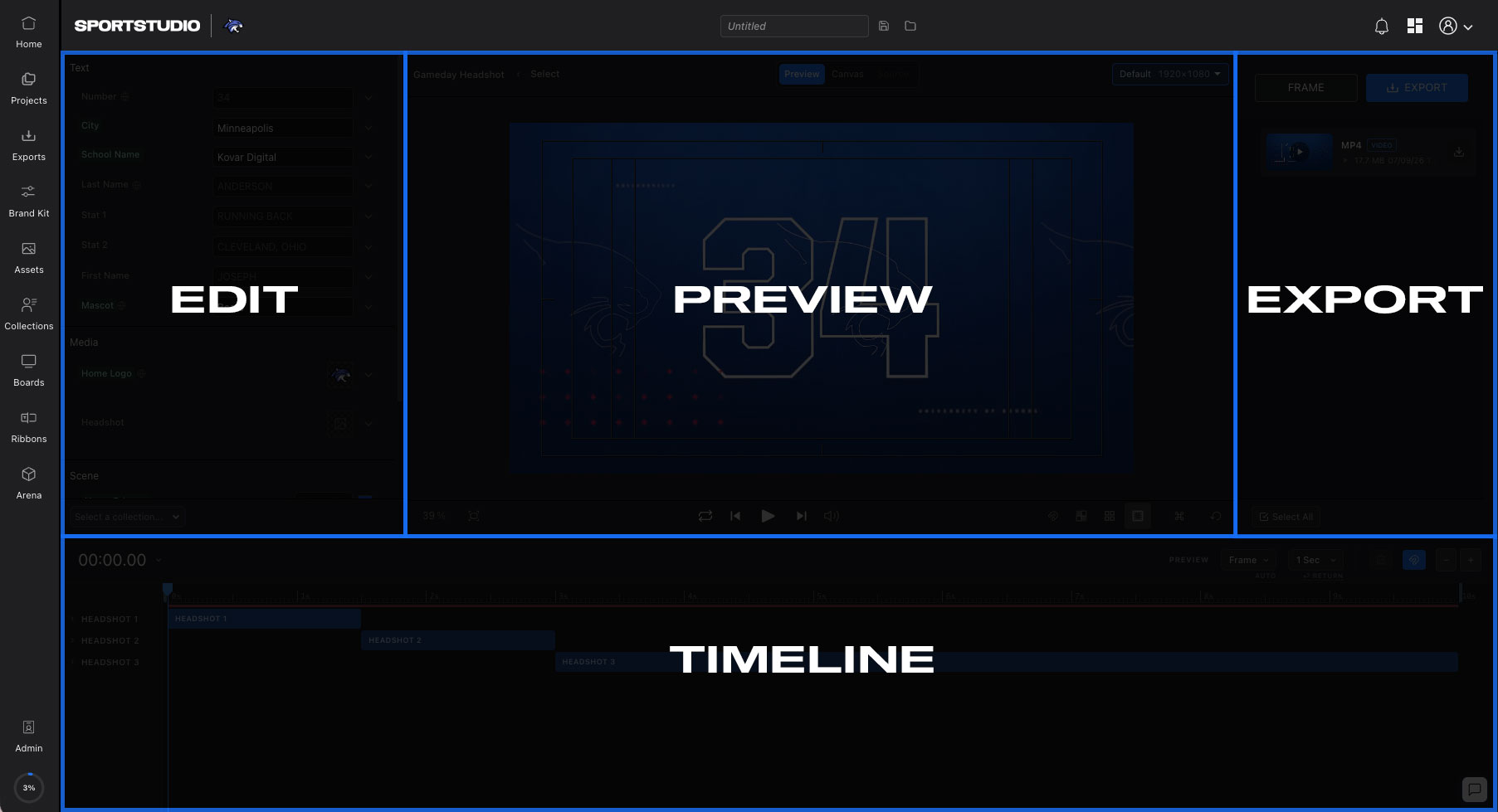The SportStudio editor and its four panels