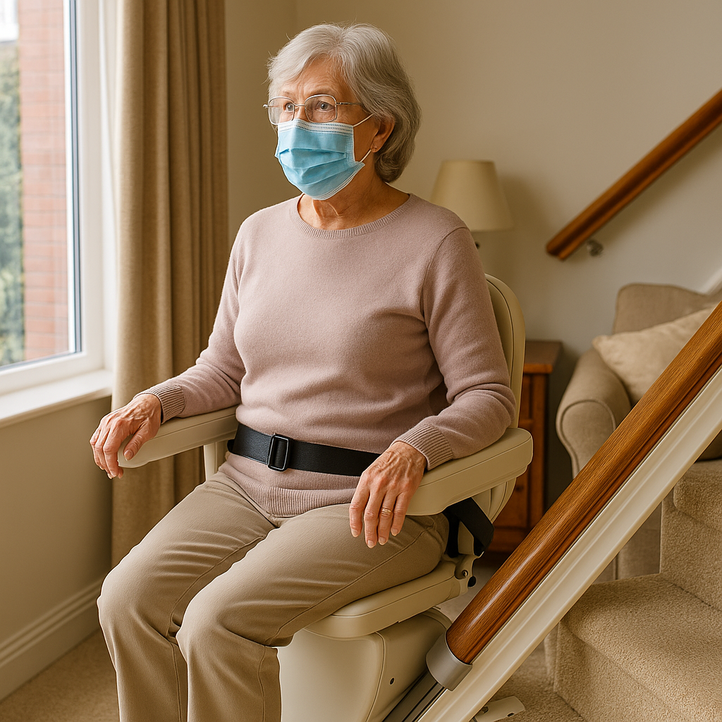 “Elderly woman wearing a face mask sitting on a stairlift at home during COVID-19 — promoting safe, independent living with home lifts in the UK.”