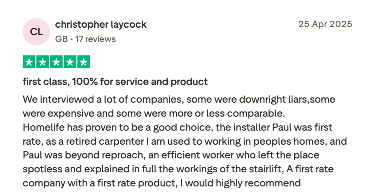 Trustpilot review displayed on Homelife Stairlifts website editor, highlighting positive customer feedback and satisfaction with stairlift installation service.