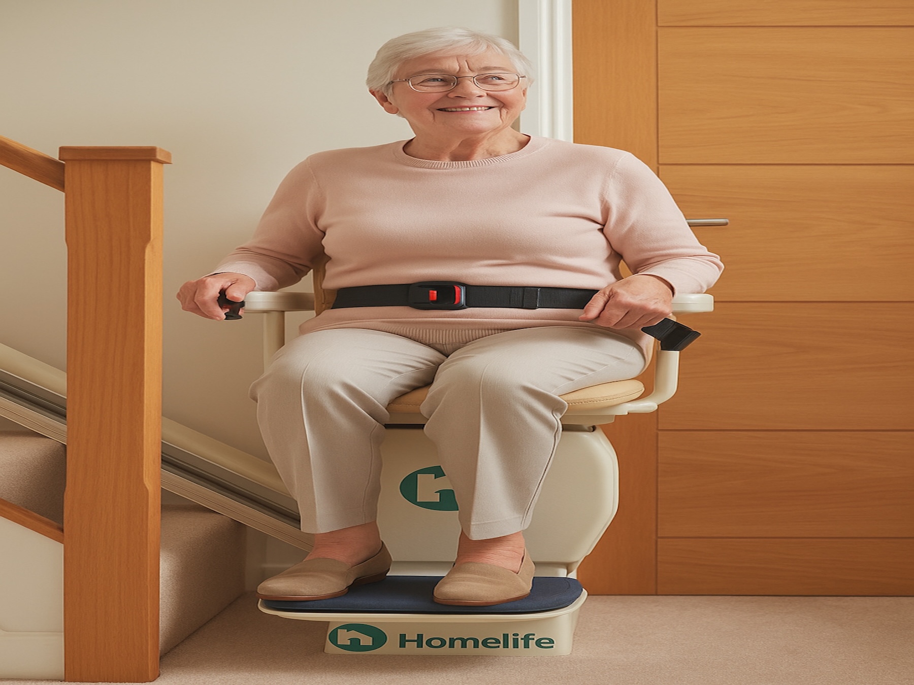 “Elderly woman sitting on a Homelife stairlift, smiling while safely travelling upstairs at home.”