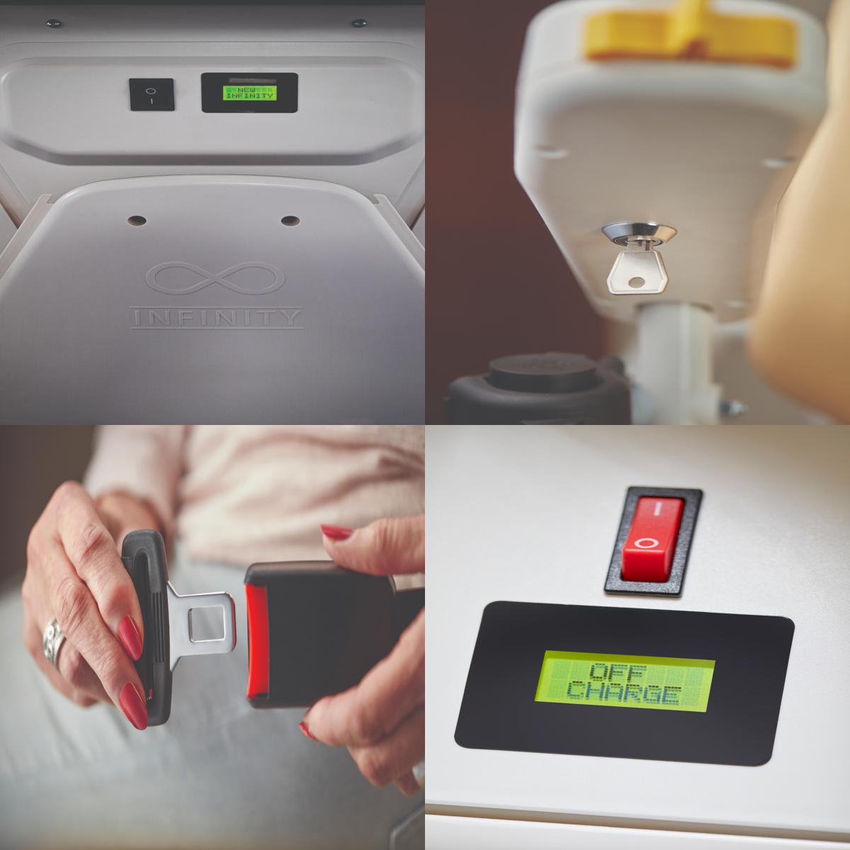 Homelife stairlift safety features including seatbelt, key switch, footplate sensors, and digital display