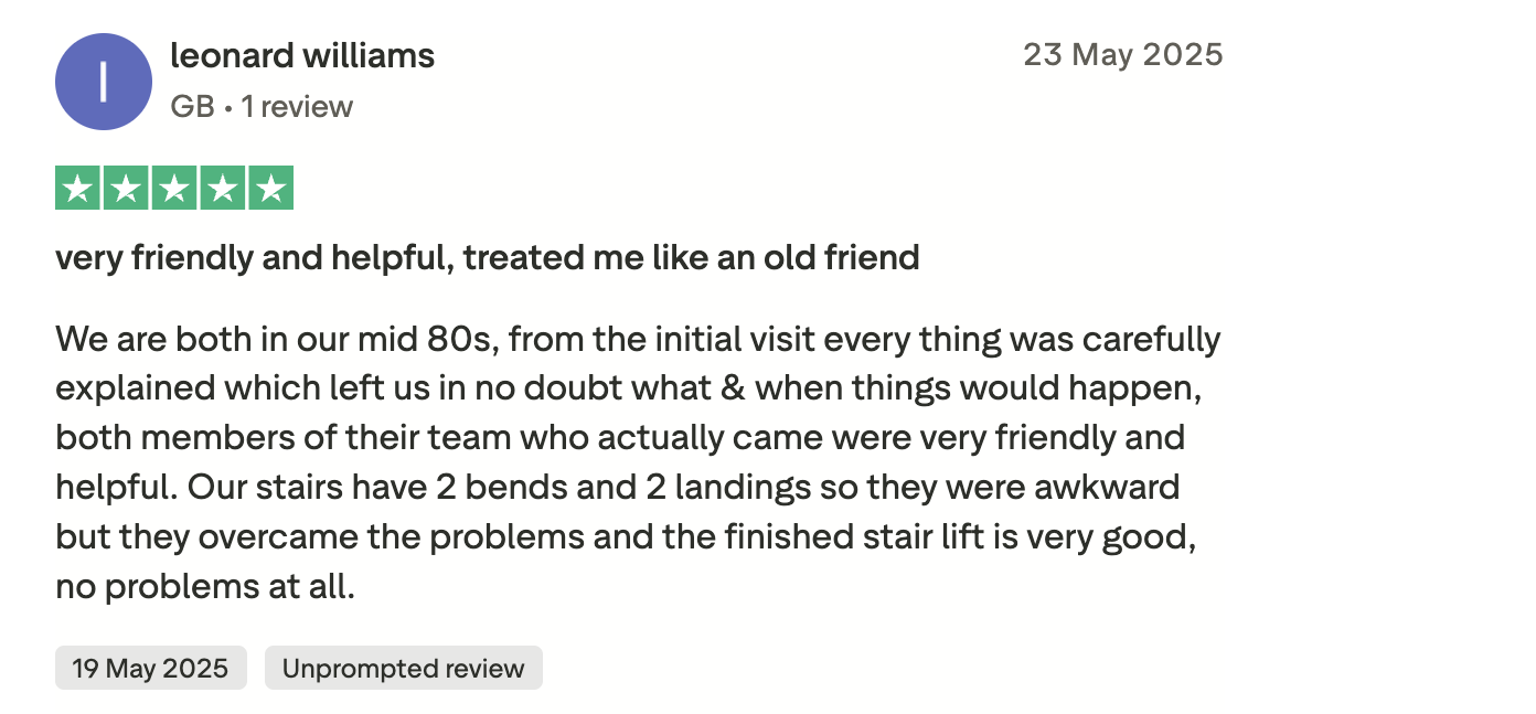 Trustpilot review of Homelife Stairlifts highlighting excellent service and reliable stairlift installation.