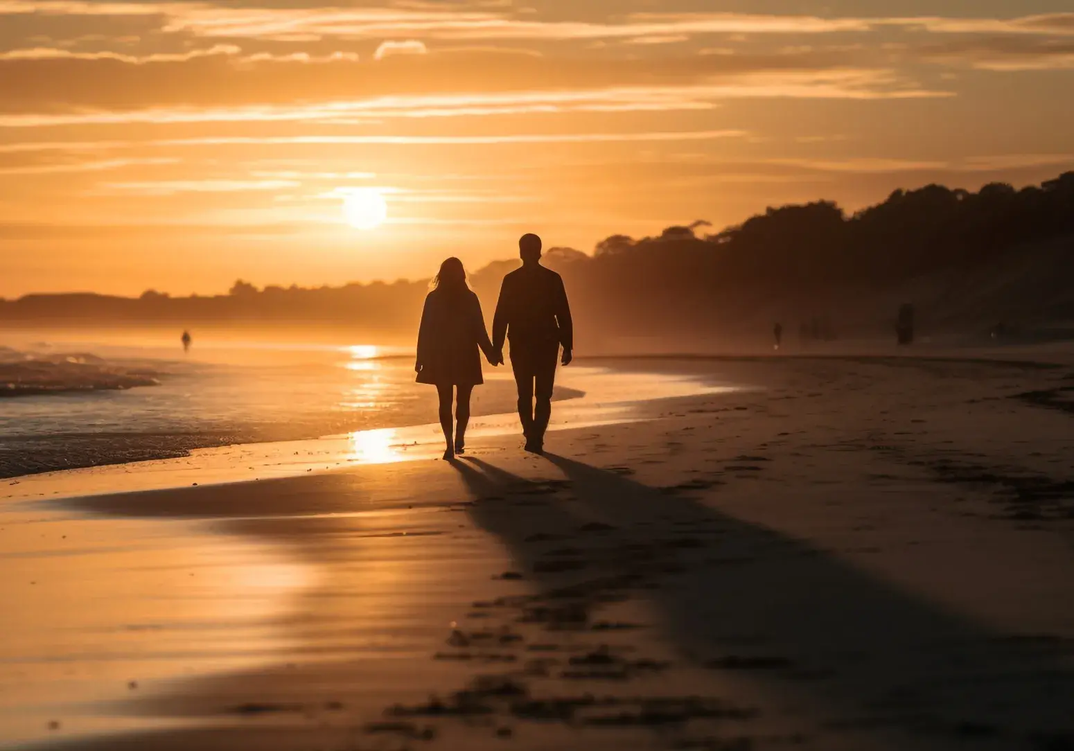 Pareja caminando de la mano por la playa al atardecer.