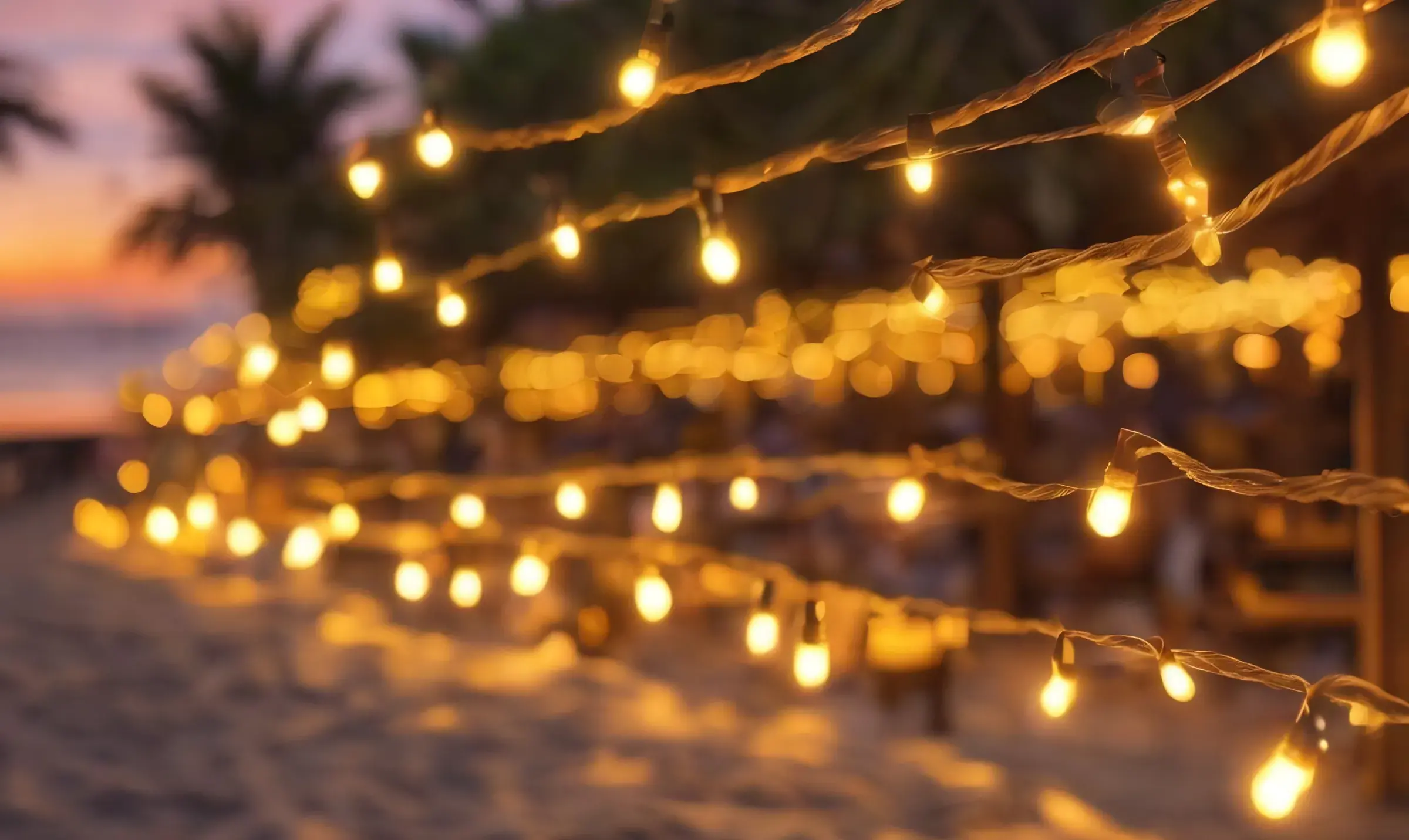 Beachside lights glowing warmly at sunset with palm trees and cozy seating.