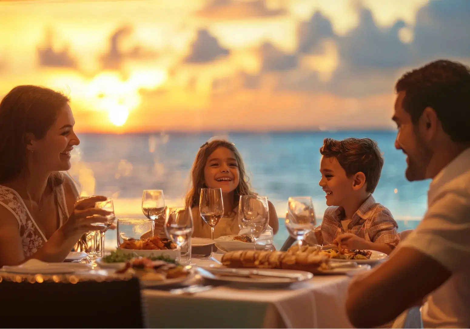 Cena familiar al atardecer con vista al mar y sonrisas cálidas.