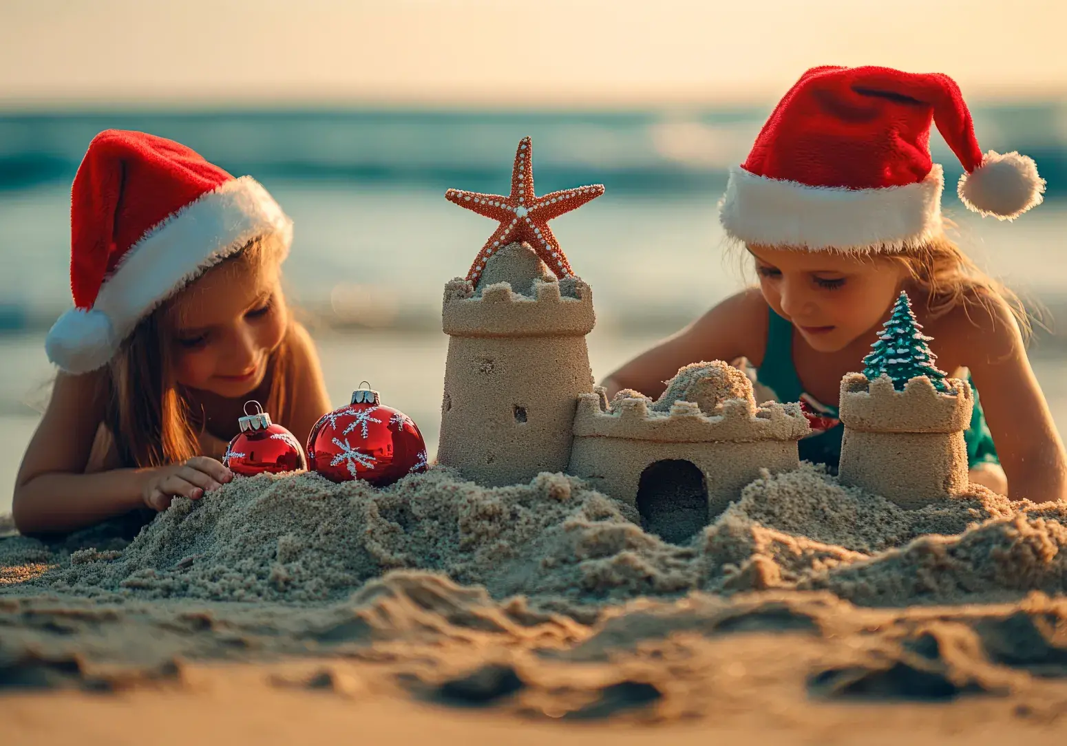 Niños con gorros de Santa construyendo un castillo navideño en la playa al atardecer.