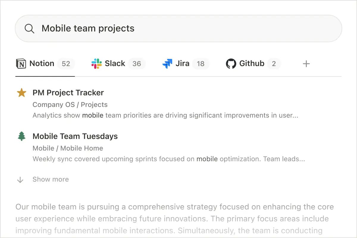 이미지 ④ Enterprise Search 검색 결과 화면 (Notion·Slack·Jira·GitHub 통합 검색) · 이미지 출처: