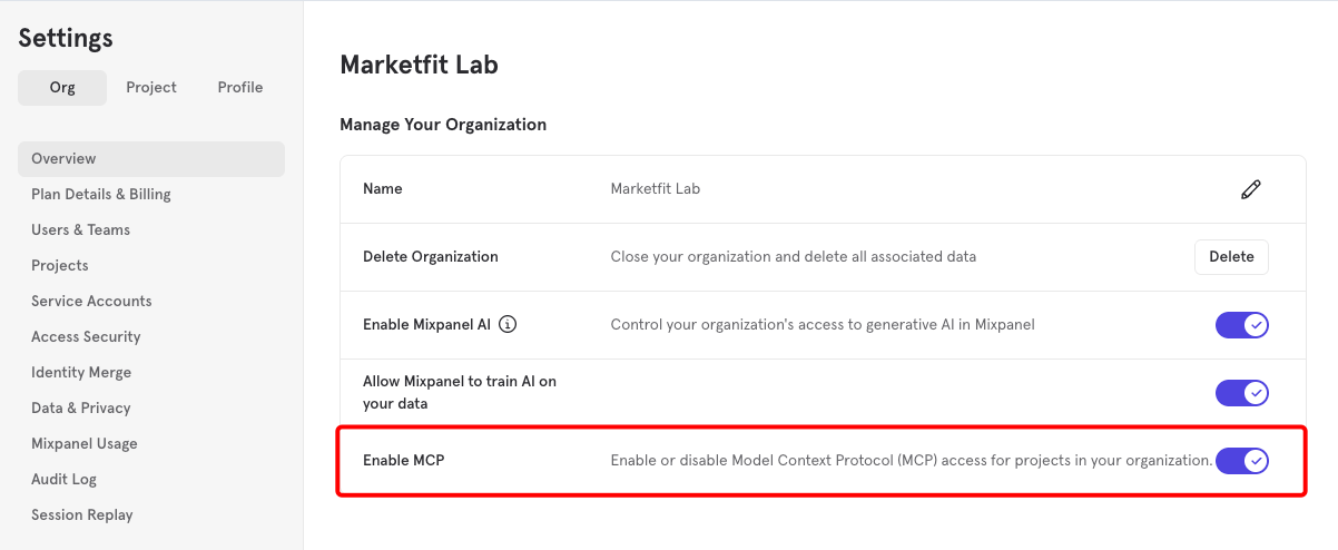 이미지 ⑯ Mixpanel 조직 설정의 Enable MCP 항목 · 이미지 출처: