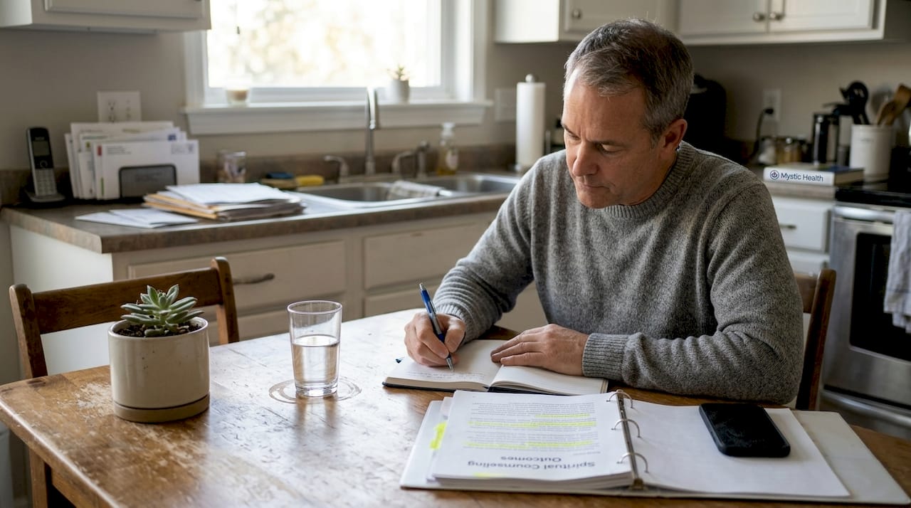 Man journaling progress at sunlit kitchen table
