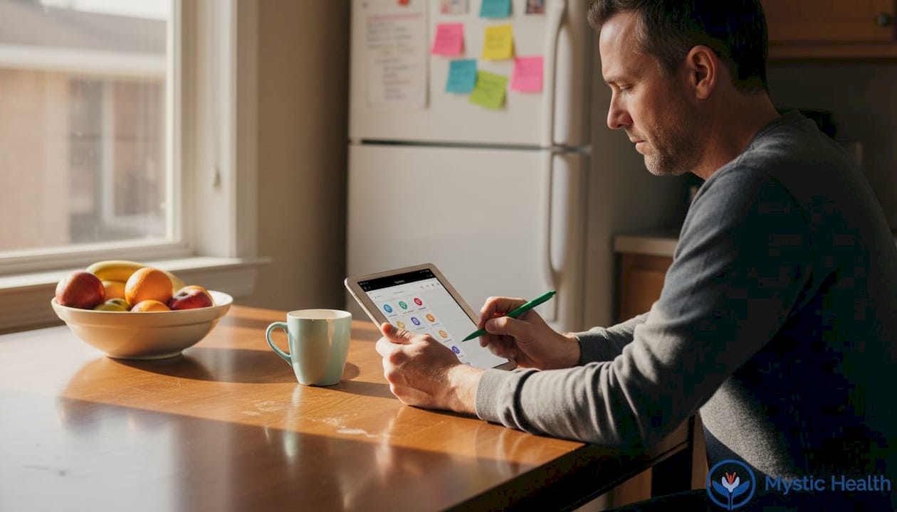 Man updating tracker at sunlit kitchen table