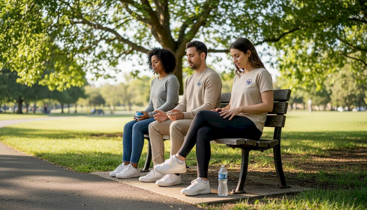 Group practicing mindfulness outdoors on bench