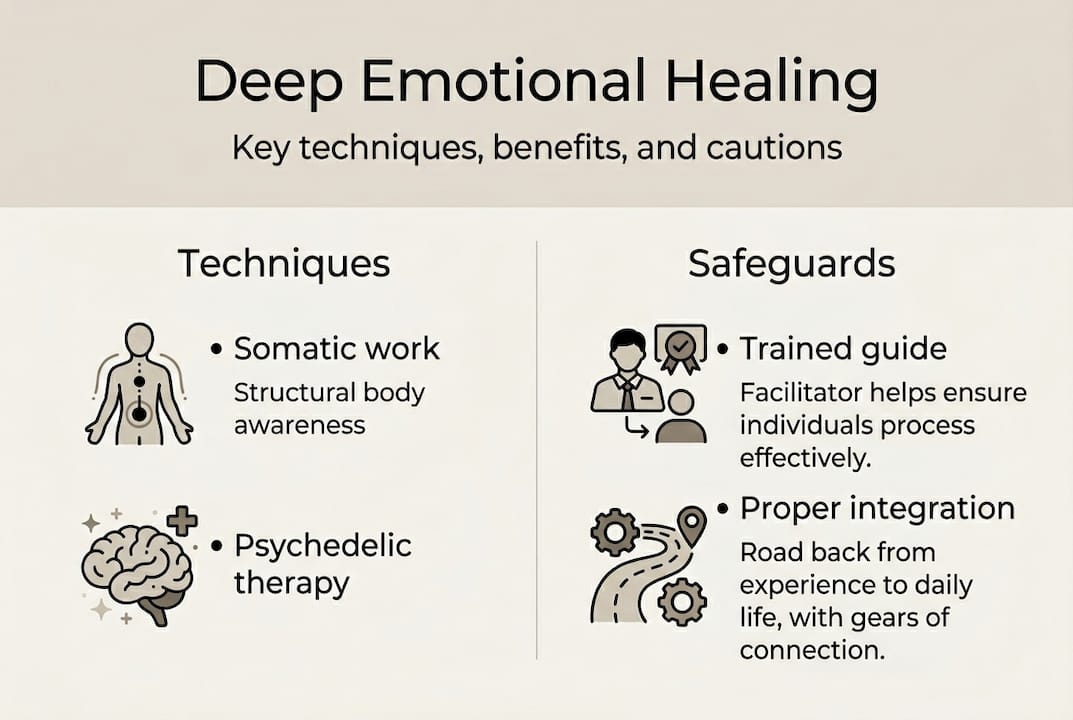 Infographic outlining deep healing techniques and safeguards