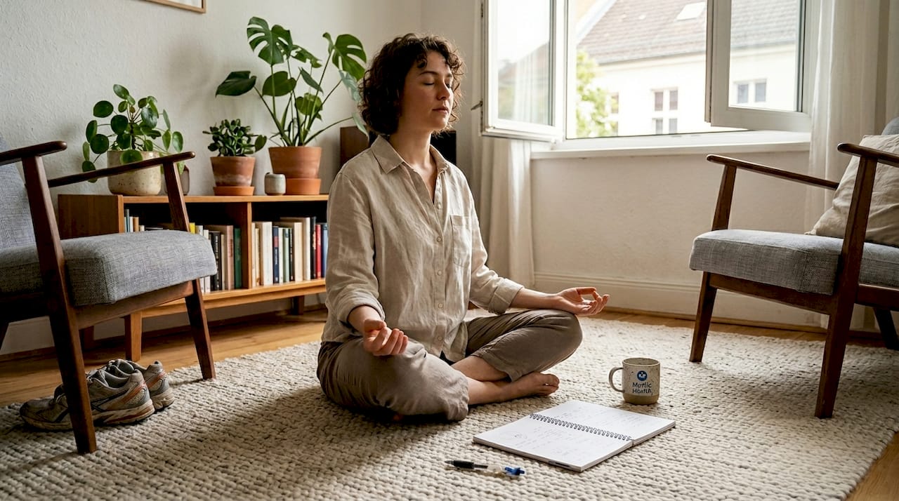 Person practicing body awareness exercise at home