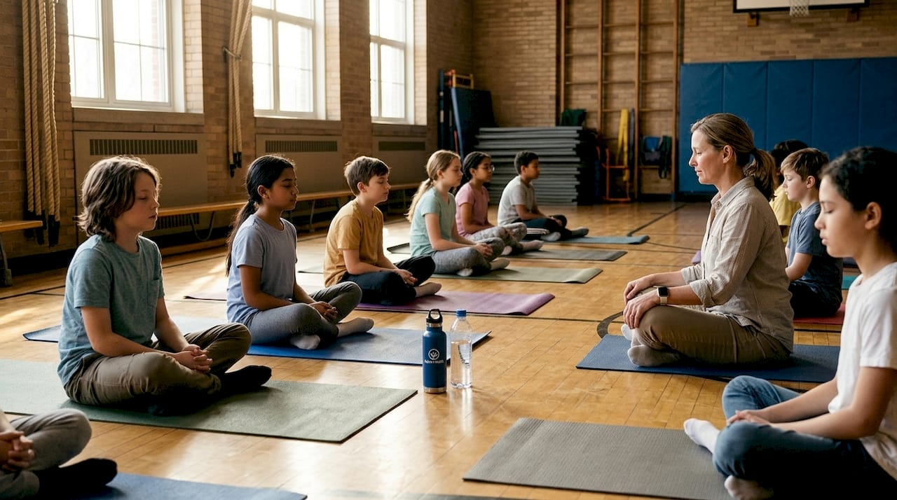 Students practicing mindfulness in gym