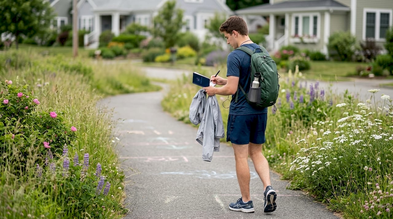 Man walking and journaling on path