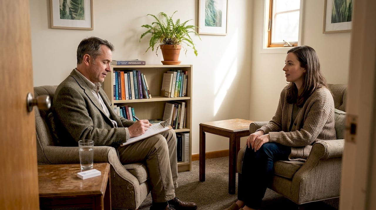 Therapy session in clinic discussion setting