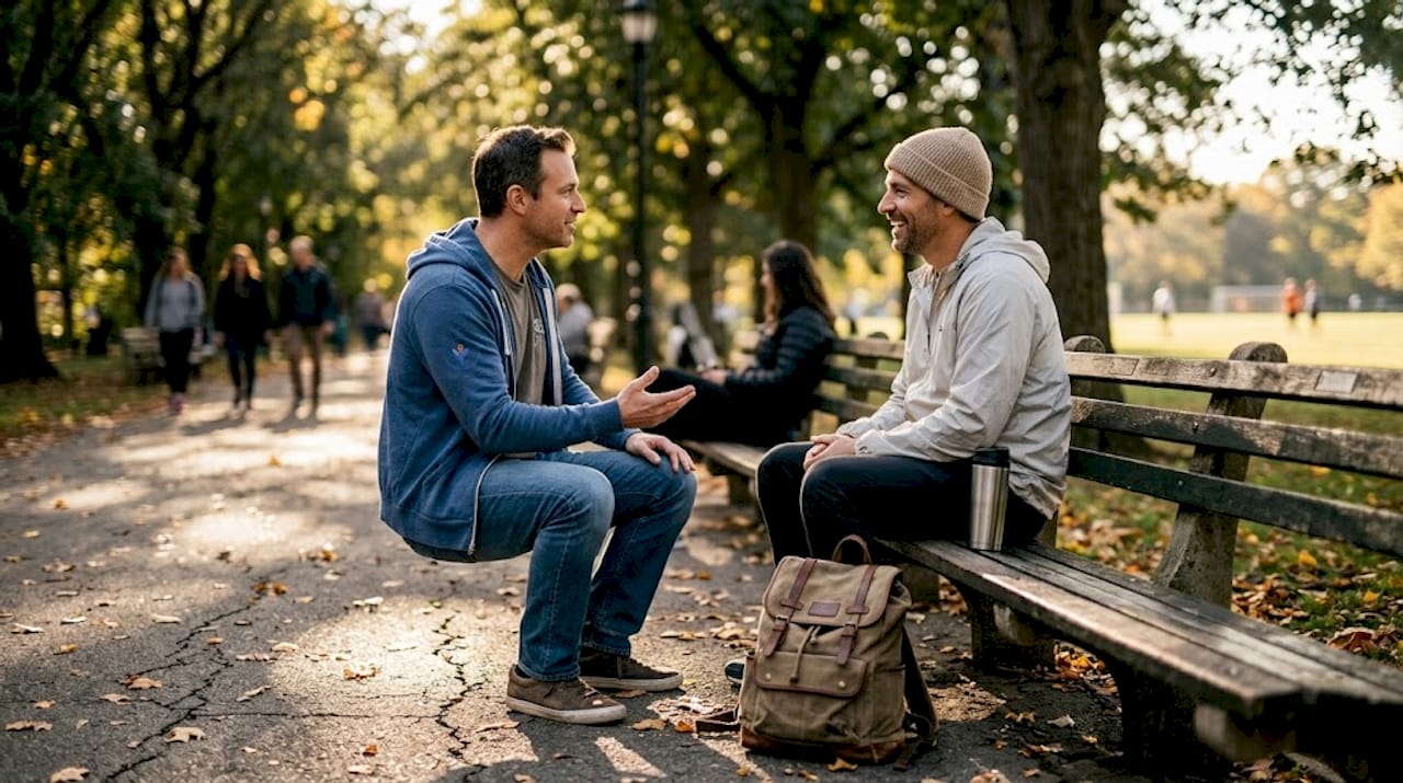 Friends talking on park bench in sunlight